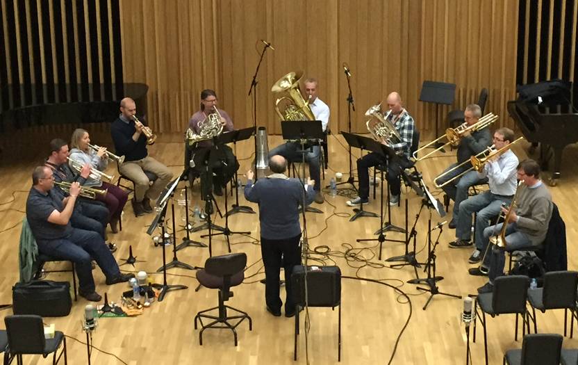 David directing the brass for a recording in Manchester, May 2015